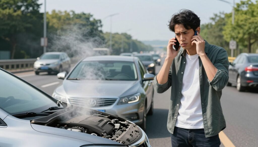 Calling for roadside assistance for an overheating car Calling for roadside assistance for an overheating car
